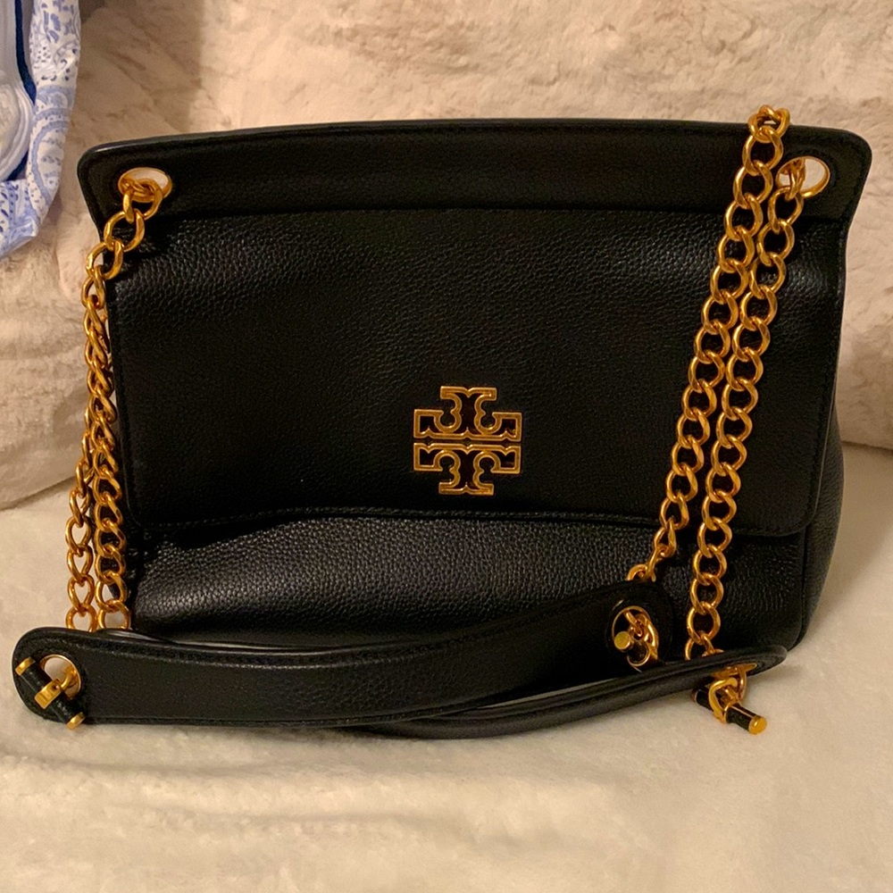 Tory Burch Britton flap black leather  bag with gold details